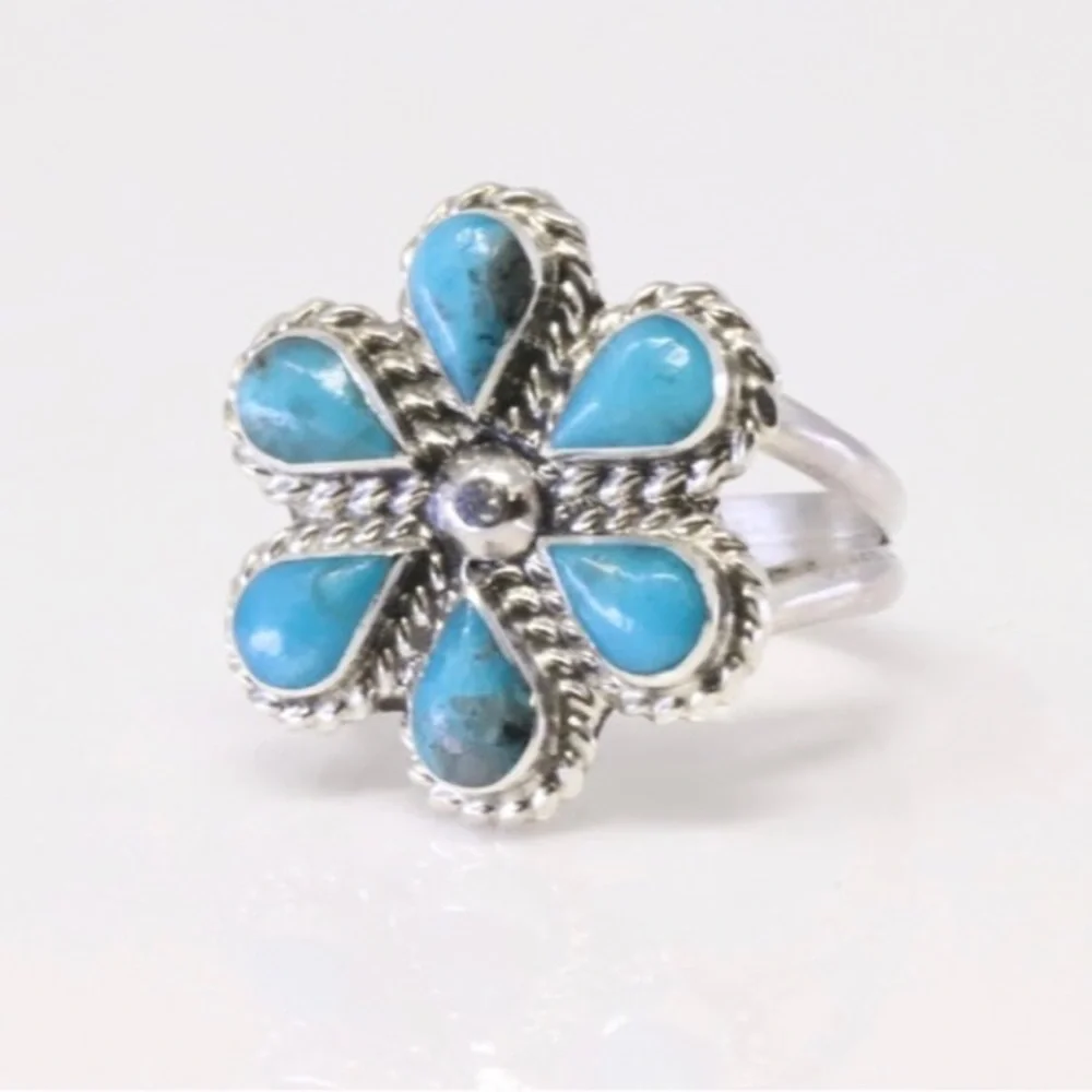 Native‎ American Sterling Silver Turquoise Flower Ring MGD Mary Grace Design sz6